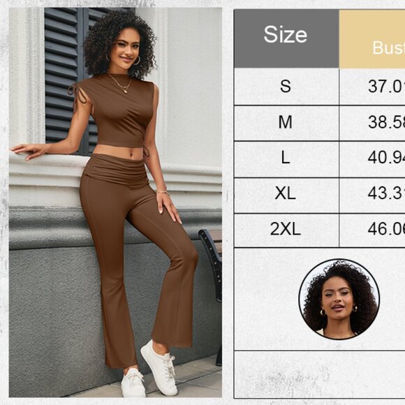 Y2K Sexy Two Piece Foldover Wide Leg Pants With Cropped Tops Matching Sets - Picture 3 of 7